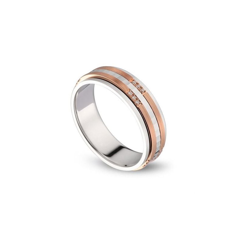 Alliance 2 ors Homme - Or blanc poli et rose brossé - Diamants - 1