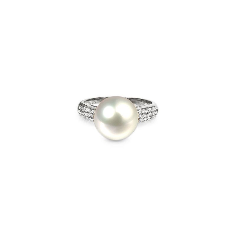 Bague de Perle de Culture Eau Douce blanche, Or blanc Diamants - 1