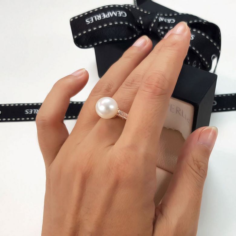 Bague Perle Culture Eau Douce Blanche. Or Rose Diamants - 3