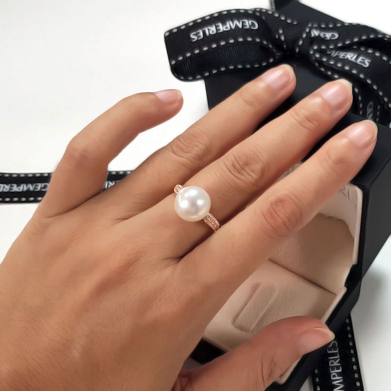 Bague Perle Culture Eau Douce Blanche. Or Rose Diamants - 4