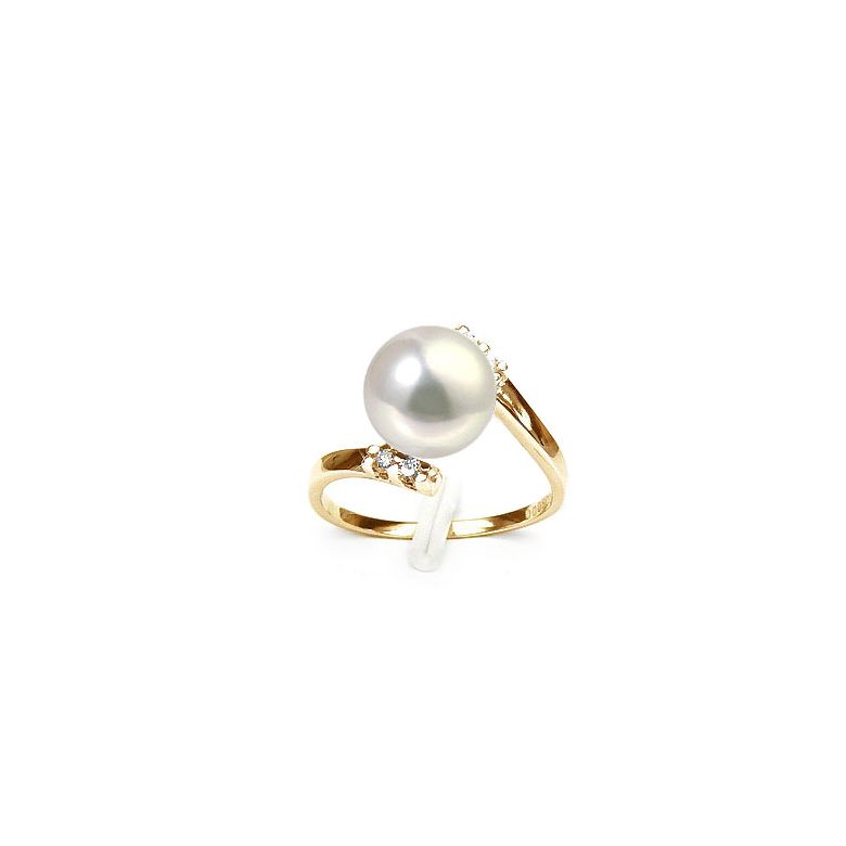 Bague ondulée solitaire - Or jaune, diamants - Perle blanche culture - 1