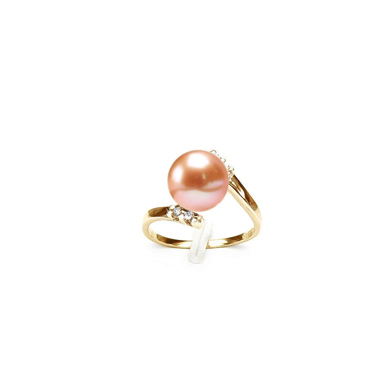 Bague ondulée solitaire - Or jaune, diamants - Perle blanche culture - 6