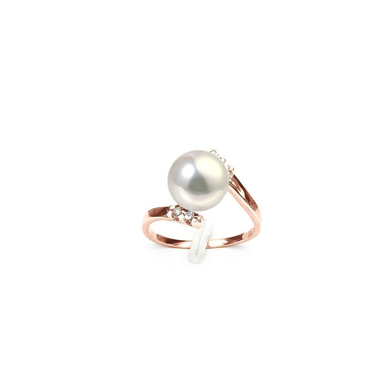 Bague ondulée solitaire - Or rose, diamants - Perle blanche culture - 1