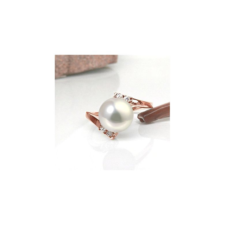 Bague ondulée solitaire - Or rose, diamants - Perle blanche culture - 2