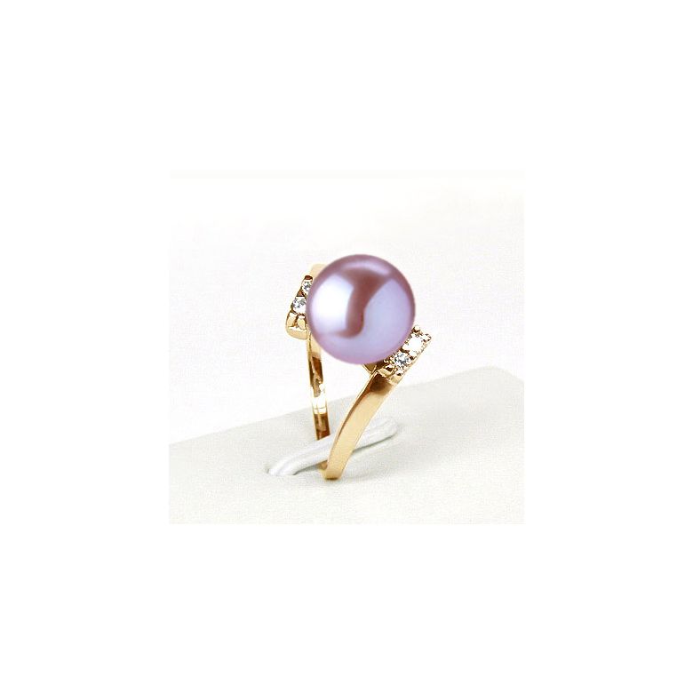Bague ondulée solitaire - Or jaune, diamants - Perle blanche culture - 8