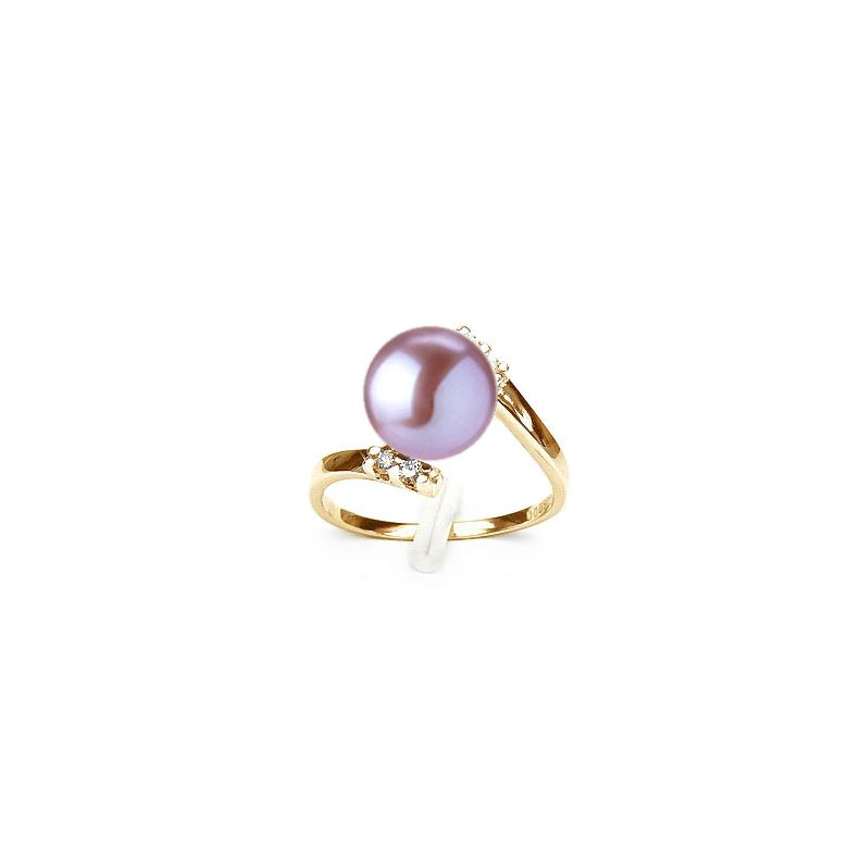 Bague ondulée solitaire - Or jaune, diamants - Perle blanche culture - 9