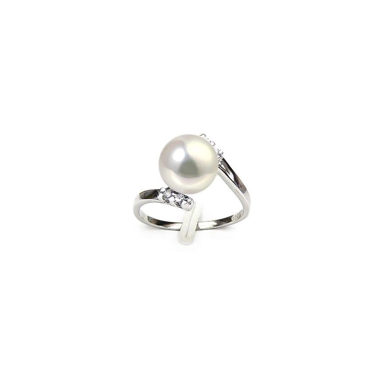 Bague ondulée solitaire - Or blanc, diamants - Perle blanche culture - 1