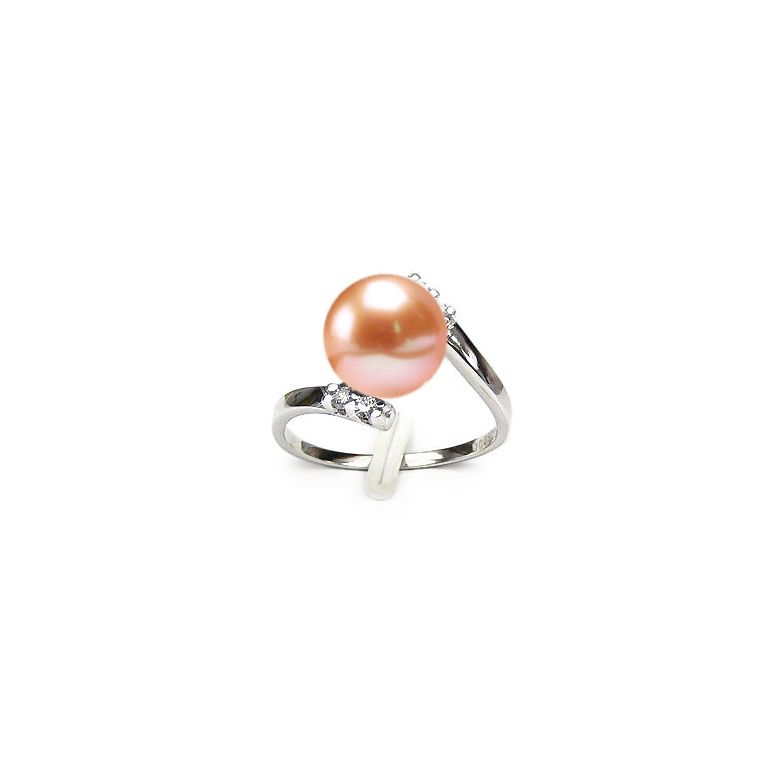 Bague ondulée solitaire - Or blanc, diamants - Perle blanche culture - 4