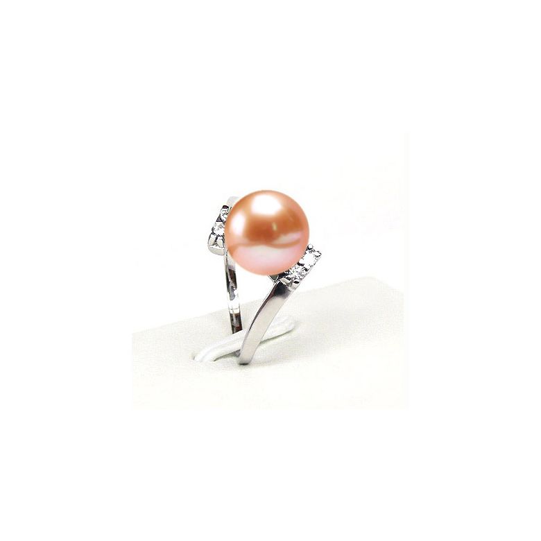 Bague ondulée solitaire - Or blanc, diamants - Perle blanche culture - 5