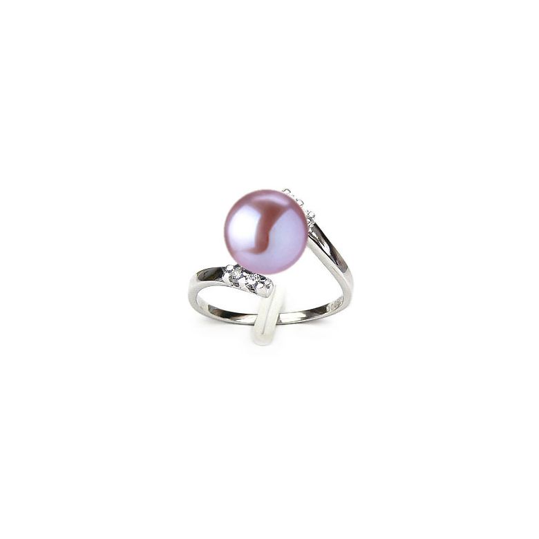 Bague ondulée solitaire - Or blanc, diamants - Perle blanche culture - 7
