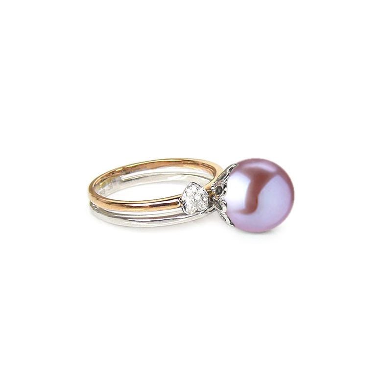Bague 2 coeurs or jaune et blanc avec 1 perle de culture d'eau douce - 7