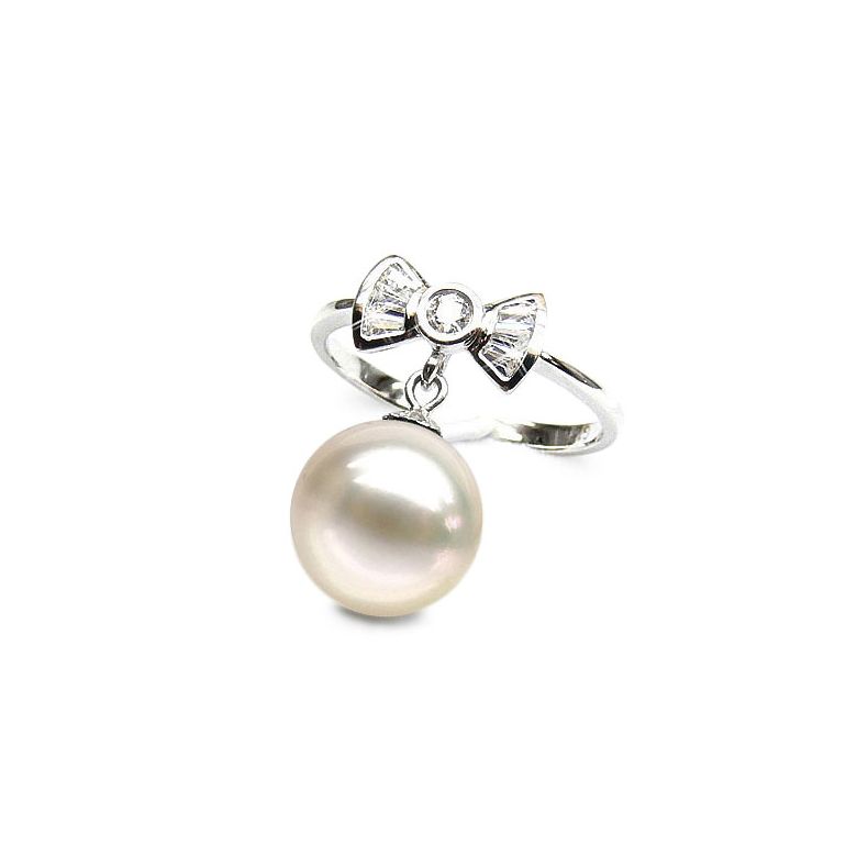Bague noeud papillon - Or blanc, diamants, perle de culture - 1