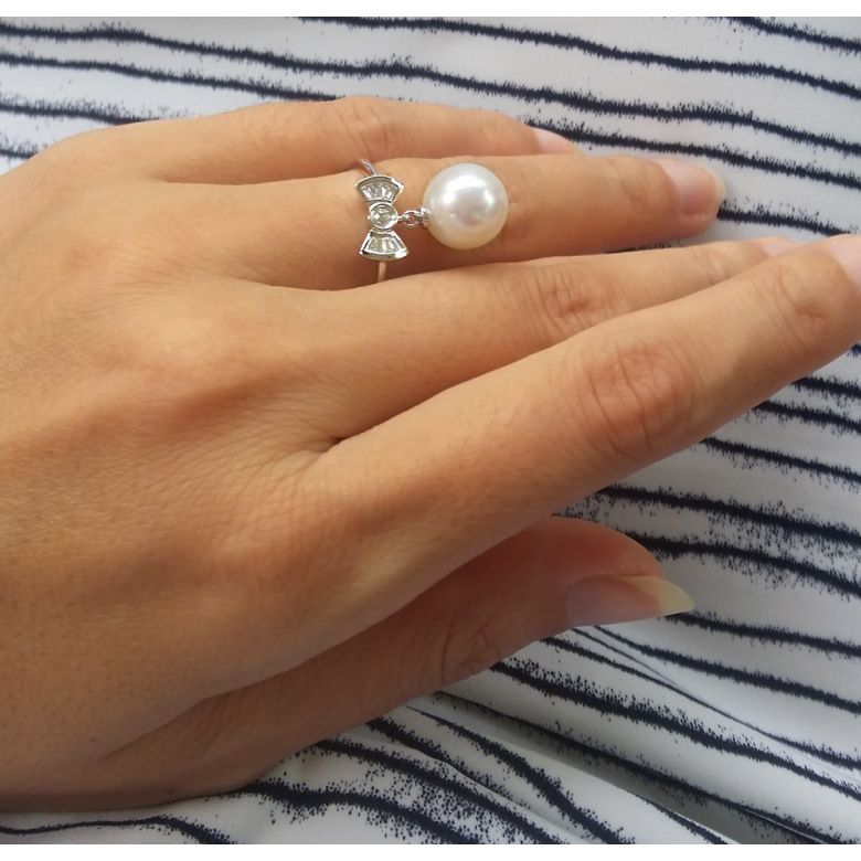 Bague noeud papillon - Or blanc, diamants, perle de culture - 3