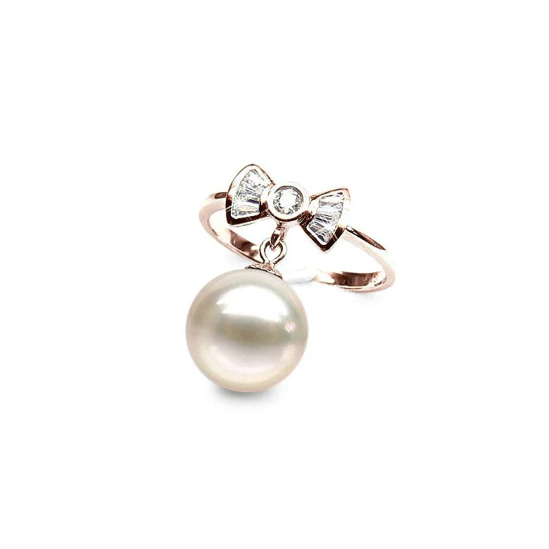 Bague noeud papillon - Or rose, diamants, perle de culture - 1