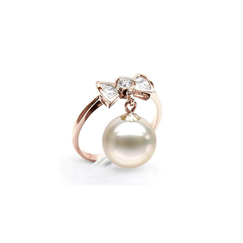 Bague noeud papillon - Or rose, diamants, perle de culture - 2