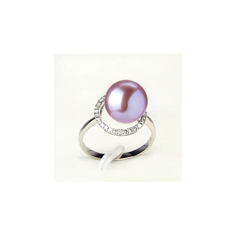 Bague perle d'eau douce blanche - Encerclement d'or blanc et diamants - 8
