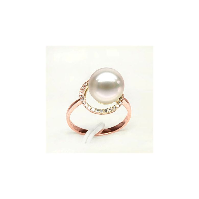 Bague perle d'eau douce blanche - Encerclement d'or rose et diamants - 2