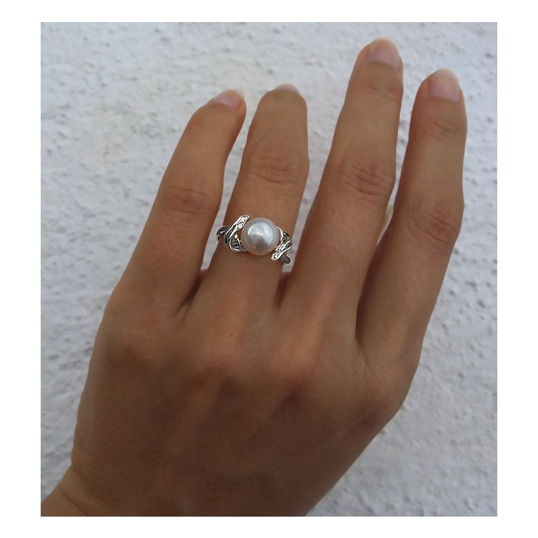 Bague fleur - Or blanc, Diamants - Perle de culture, Eau douce - 2