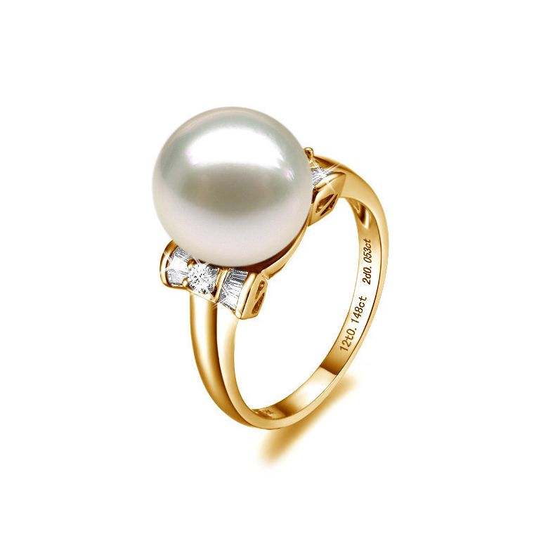 Bague noeud papillon - Perle blanche Chine - Or jaune, diamants - 1