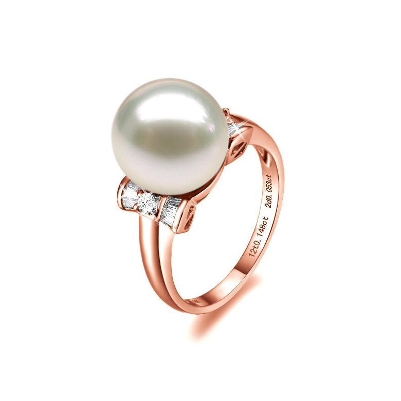 Bague noeud papillon - Perle blanche Chine - Or rose, diamants - 1