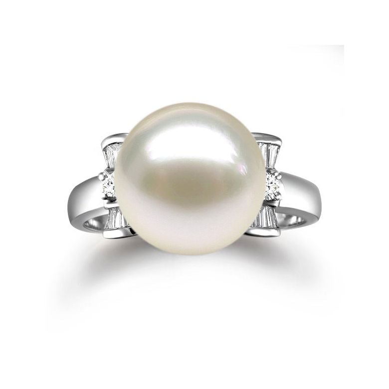 Bague or perle de culture - Perle blanche Chine - Or blanc, diamants - 3