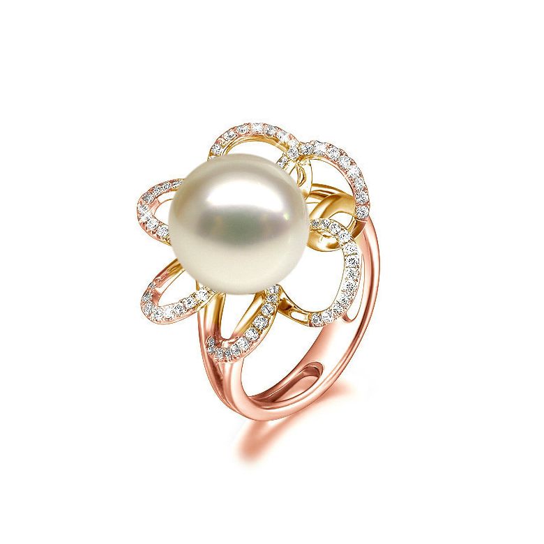 Bague fleur perlée blanche - Pétales or rose - Perle culture Chine - 1