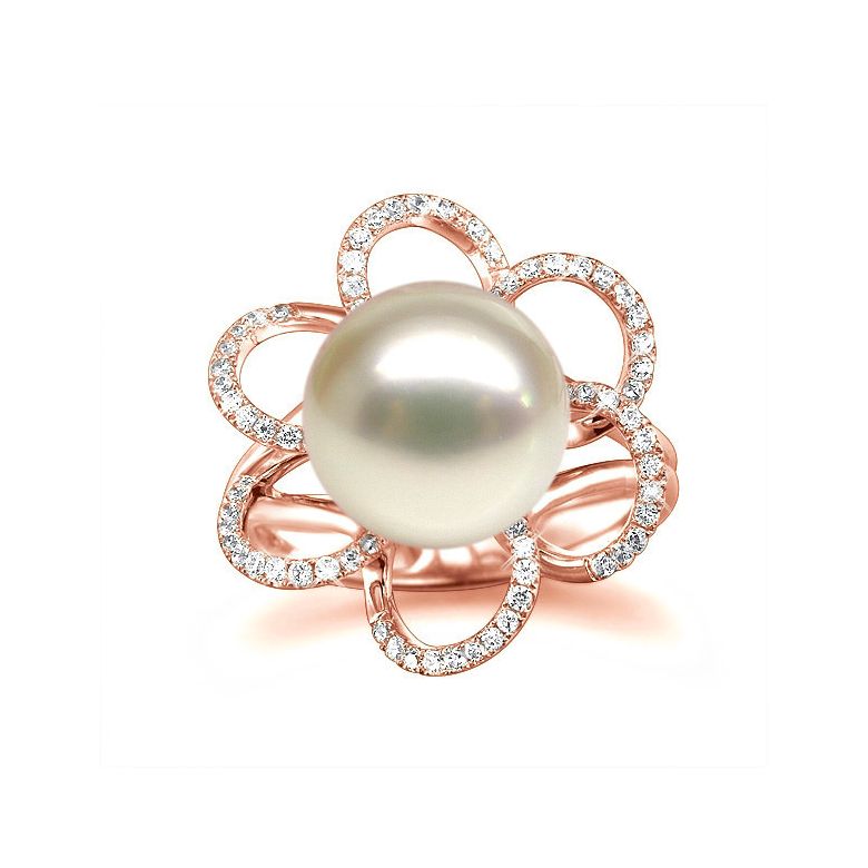 Bague fleur perlée blanche - Pétales or rose - Perle culture Chine - 2