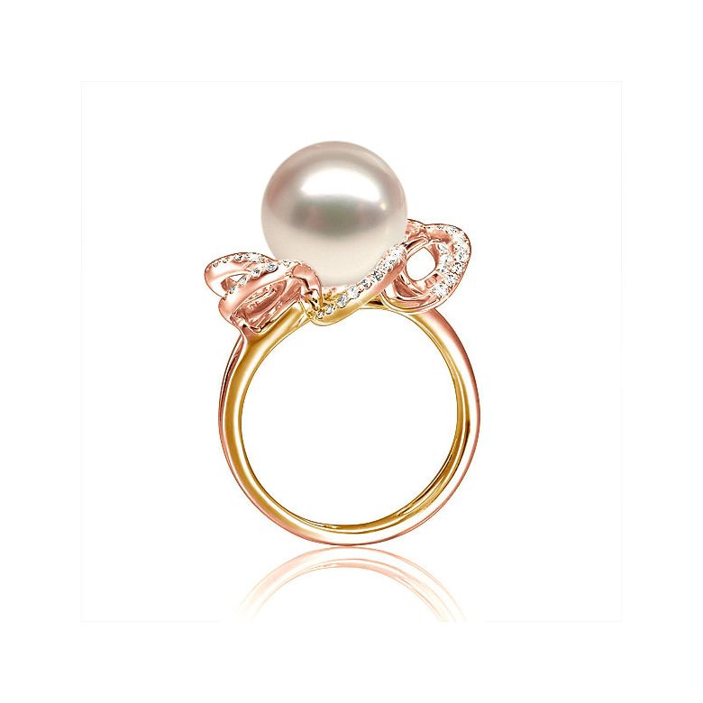 Bague fleur perlée blanche - Pétales or rose - Perle culture Chine - 3
