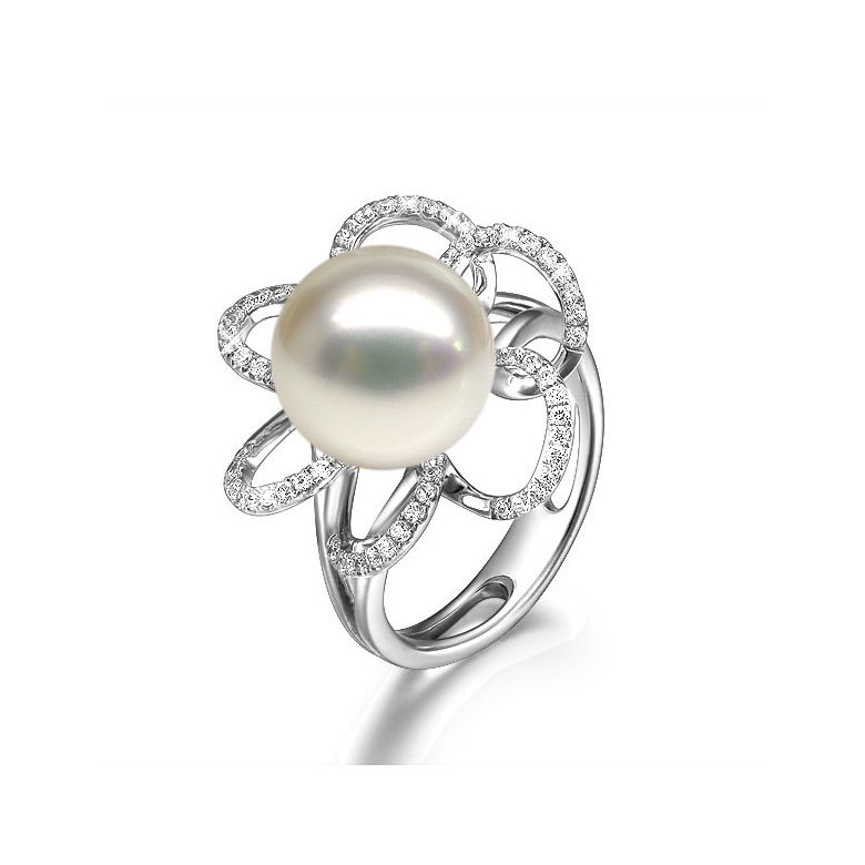 Bague fleur perlée - Pétales or blanc, diamants - Perle culture Chine - 1