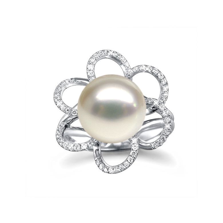 Bague fleur perlée - Pétales or blanc, diamants - Perle culture Chine - 2