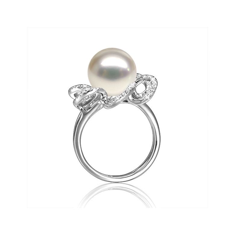 Bague fleur perlée - Pétales or blanc, diamants - Perle culture Chine - 3