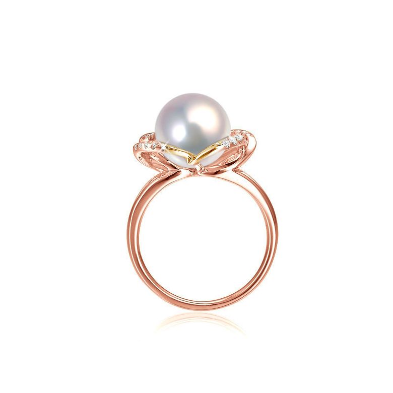 Bague en perle monde floral - Perle de culture or rose et diamants - 3