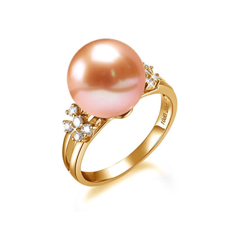 Bague anneau doublé or jaune - Perle blanche Chine et diamants sertis - 4