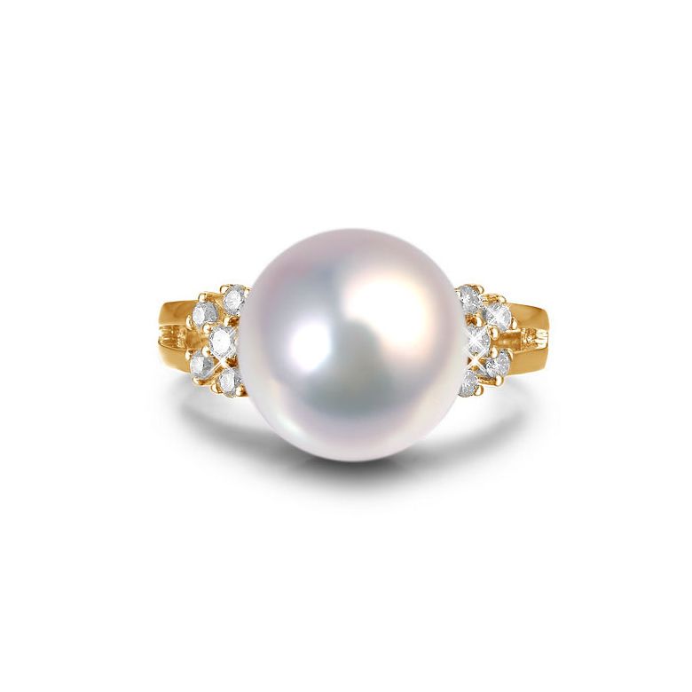 Bague anneau doublé or jaune - Perle blanche Chine et diamants sertis - 3