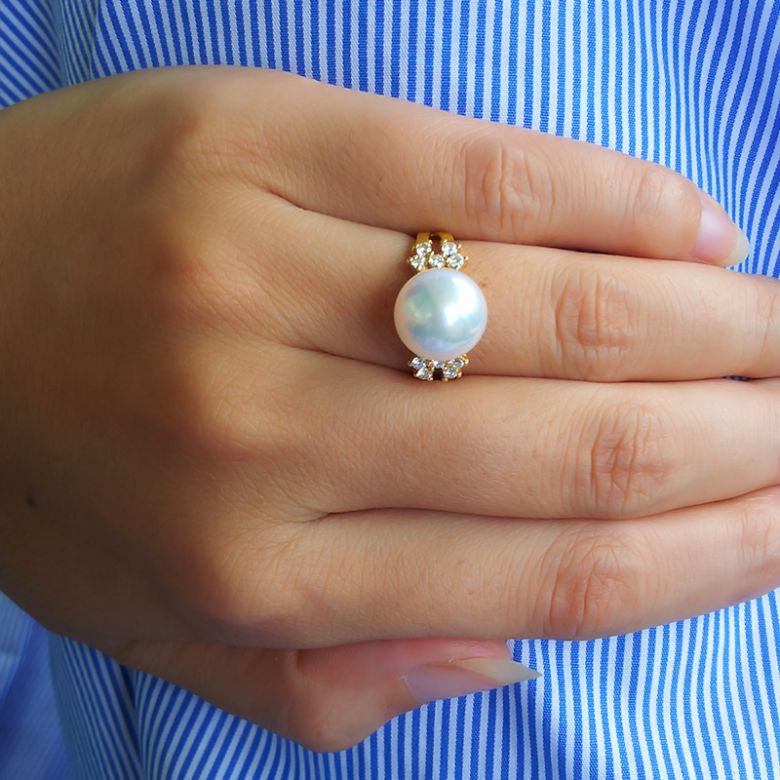 Bague double anneau lié or blanc - Perle de culture Chine - Diamants - 4
