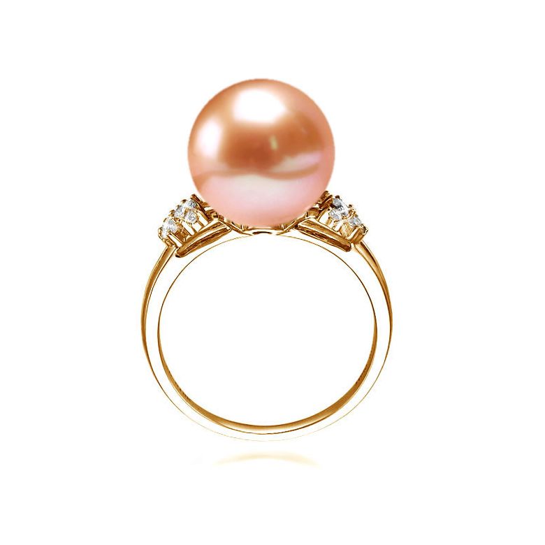 Bague anneau doublé or jaune - Perle blanche Chine et diamants sertis - 5