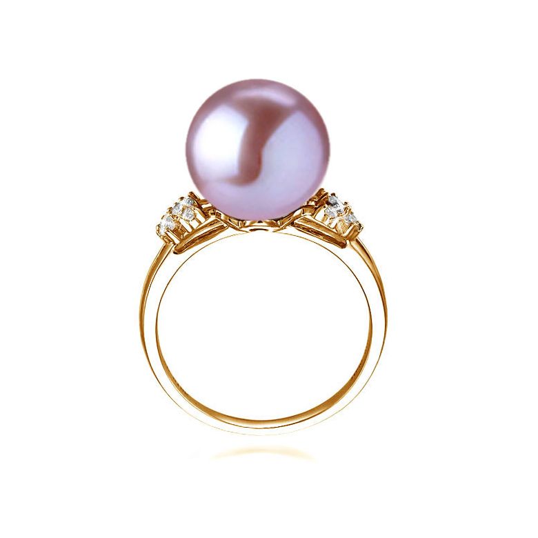 Bague anneau doublé or jaune - Perle blanche Chine et diamants sertis - 7