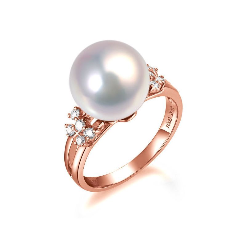 Bague anneau doublé or rose - Perle blanche Chine et diamants sertis - 1