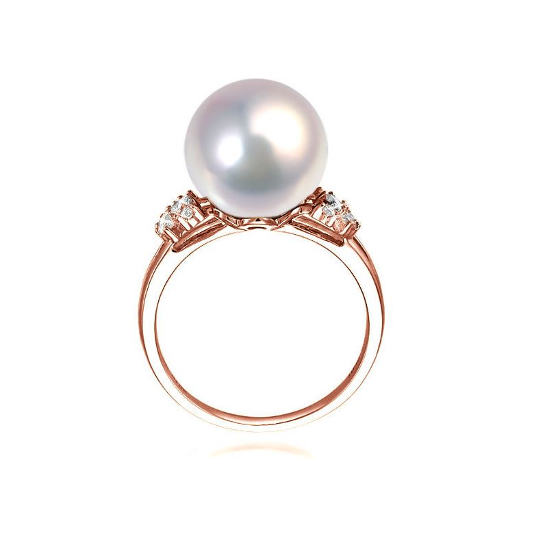 Bague anneau doublé or rose - Perle blanche Chine et diamants sertis - 2