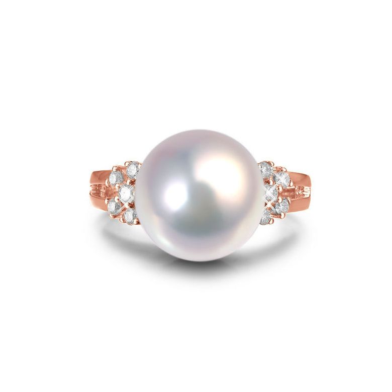 Bague anneau doublé or rose - Perle blanche Chine et diamants sertis - 3