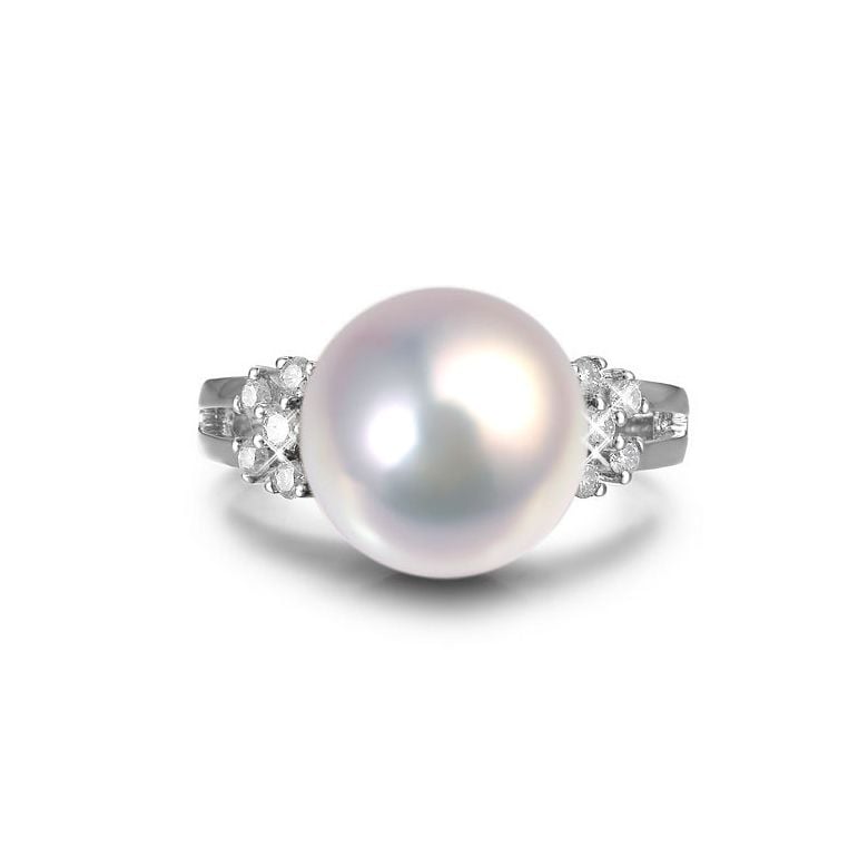 Bague double anneau lié or blanc - Perle de culture Chine - Diamants - 3