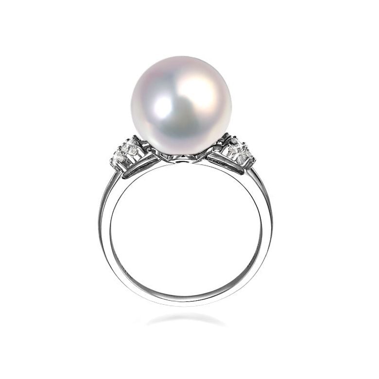 Bague double anneau lié or blanc - Perle de culture Chine - Diamants - 2