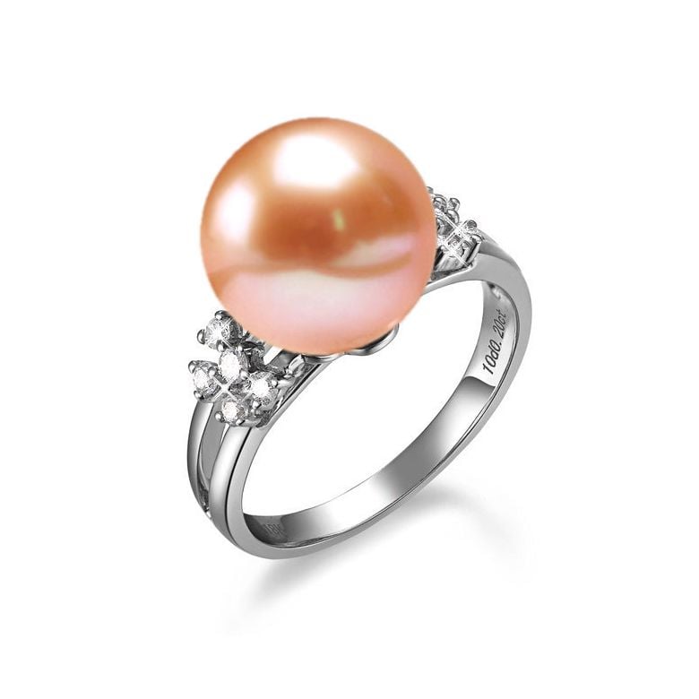 Bague double anneau lié or blanc - Perle de culture Chine - Diamants - 5
