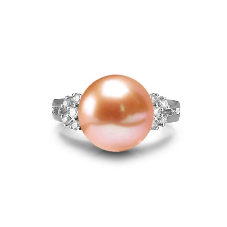 Bague double anneau lié or blanc - Perle de culture Chine - Diamants - 6