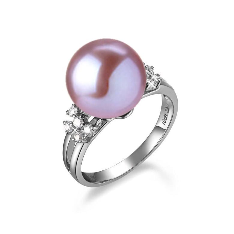 Bague double anneau lié or blanc - Perle de culture Chine - Diamants - 8