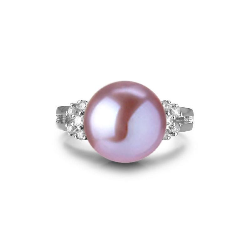 Bague double anneau lié or blanc - Perle de culture Chine - Diamants - 9