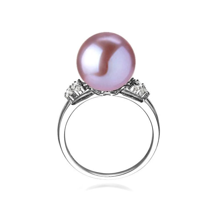 Bague double anneau lié or blanc - Perle de culture Chine - Diamants - 10
