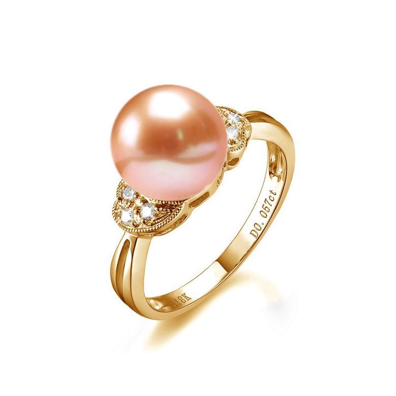 Bague perle Chine - Perle d'eau douce blanche - Diamants, or jaune - 4
