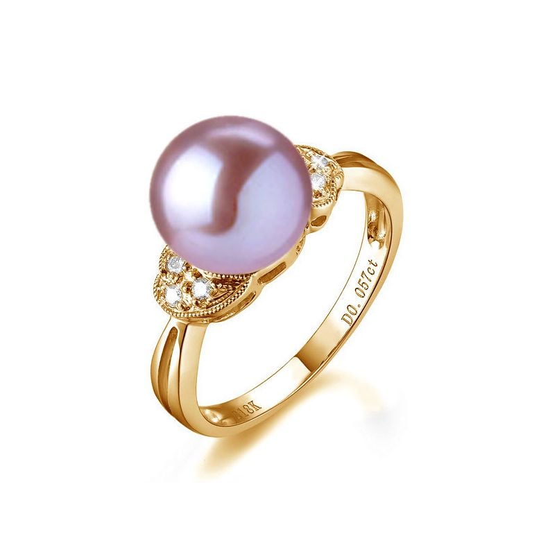 Bague perle Chine - Perle d'eau douce blanche - Diamants, or jaune - 7