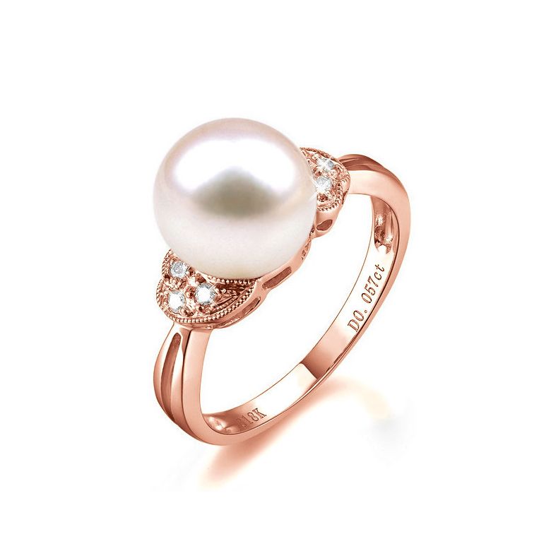 Bague perle Chine - Perle d'eau douce blanche - Diamants, or rose - 1
